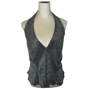 Scott McClintock Vintage Silver Metallic Halter Top V-Neck Open Back 18W NWT